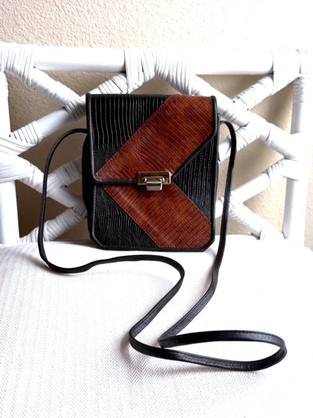 Vintage Greg Roche Leather Crossbody Bag Lizard Embossed Geometric 1-800-ROCHE90
